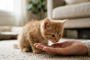 Котёнок осторожно обнюхивает руку с лакомством