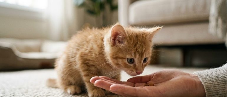 Котёнок осторожно обнюхивает руку с лакомством